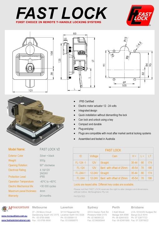 FASTLOCK Electronically Locking T-Handle Lock With Remote Locking Capability Bent Tongue