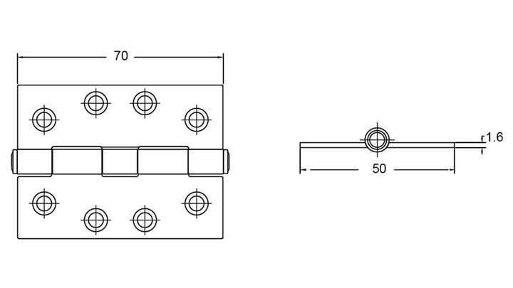Butt Hinge 70X50X1.6mm 304 Grade S/Stl Fixed Pin